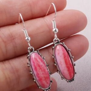 Silvertone Luxurious Pink Cloud Inspired Long Oval Dangle Drop Earrings New